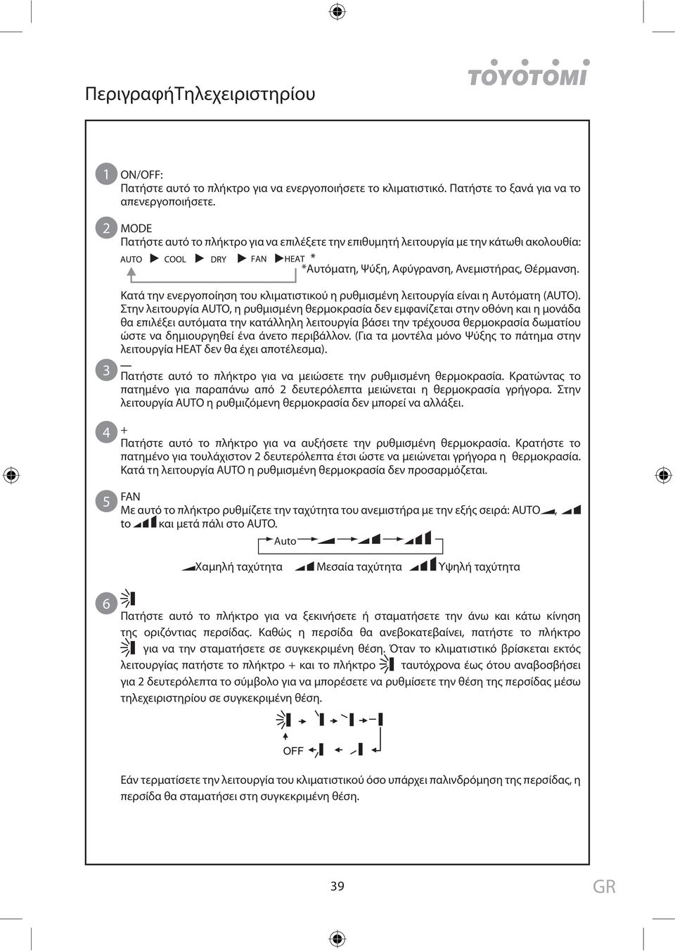 3 4 5 Κατά την ενεργοποίηση του κλιματιστικού η ρυθμισμένη λειτουργία είναι η Αυτόματη (AUTO).