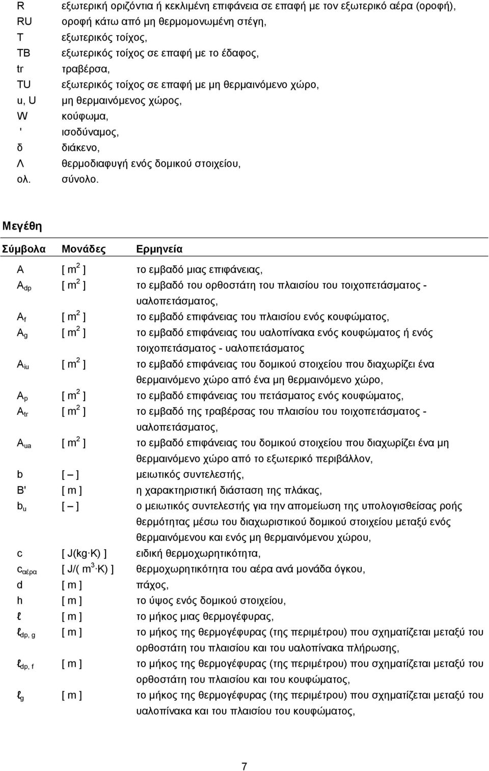 Μεγέθη Σύμβολα Μονάδες Ερμηνεία A [ m 2 ] το εμβαδό μιας επιφάνειας, Α dp [ m 2 ] το εμβαδό του ορθοστάτη του πλαισίου του τοιχοπετάσματος - υαλοπετάσματος, A f [ m 2 ] το εμβαδό επιφάνειας του