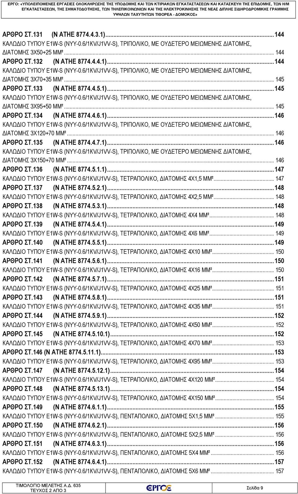 6/1KV/J1VV-S), ΤΡΙΠΟΛΙΚΟ, ΜΕ ΟΥΔΕΤΕΡΟ ΜΕΙΩΜΕΝΗΣ ΔΙΑΤΟΜΗΣ, ΔΙΑΤΟΜΗΣ 3X70+35 MM²... 145 ΑΡΘΡΟ ΣΤ.133 (Ν ΑΤΗΕ 8774.4.5.1)... 145 ΚΑΛΩΔΙΟ ΤΥΠΟΥ E1W-S (ΝΥΥ-0.