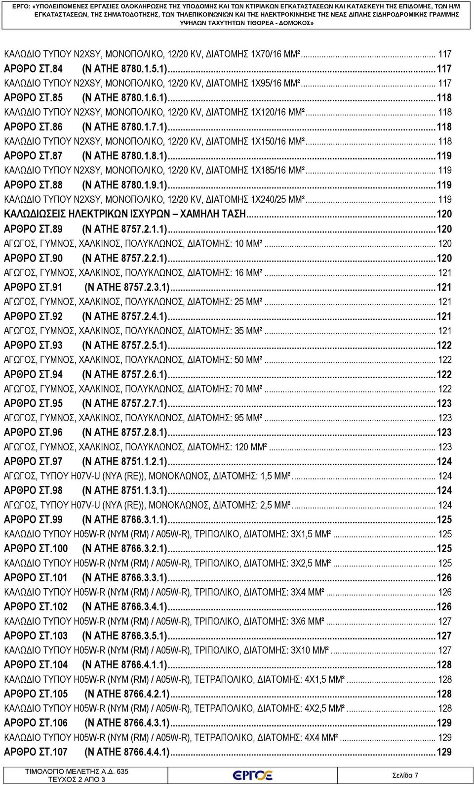 .. 118 ΑΡΘΡΟ ΣΤ.86 (Ν ΑΤΗΕ 8780.1.7.1)... 118 ΚΑΛΩΔΙΟ ΤΥΠΟΥ N2XSY, ΜΟΝΟΠΟΛΙΚΟ, 12/20 KV, ΔΙΑΤΟΜΗΣ 1X150/16 MM²... 118 ΑΡΘΡΟ ΣΤ.87 (Ν ΑΤΗΕ 8780.1.8.1)... 119 ΚΑΛΩΔΙΟ ΤΥΠΟΥ N2XSY, ΜΟΝΟΠΟΛΙΚΟ, 12/20 KV, ΔΙΑΤΟΜΗΣ 1X185/16 MM².