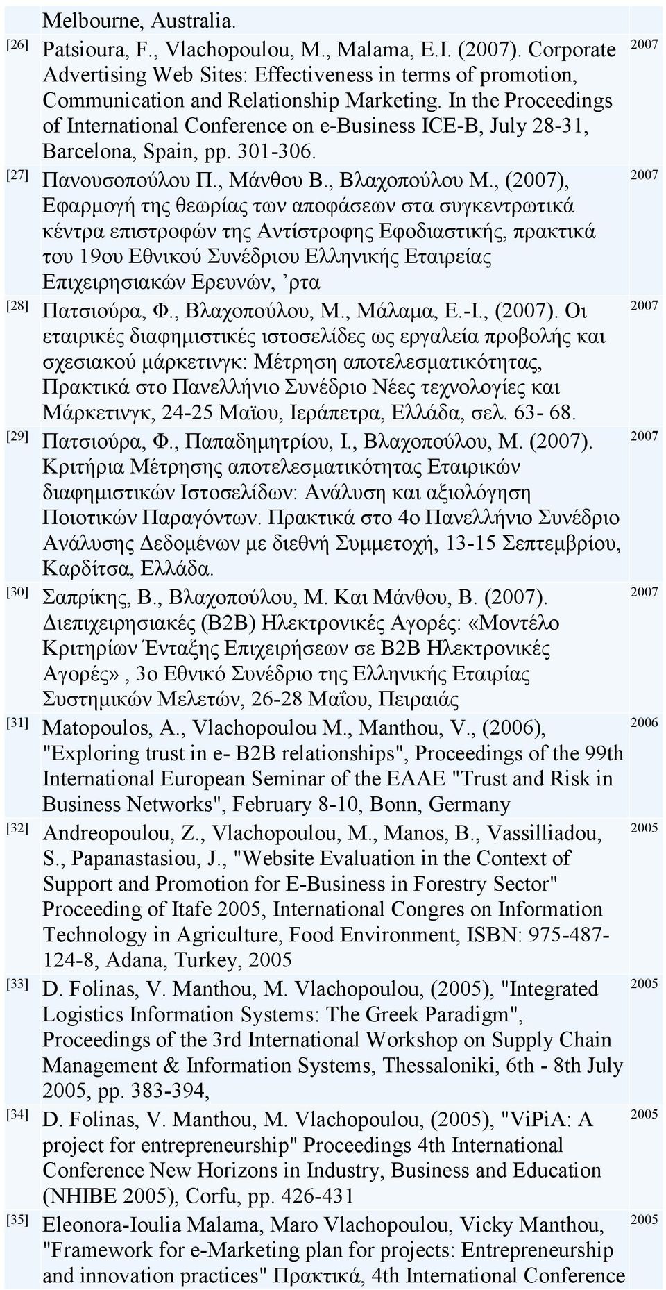 , (2007), Εφαρμογή της θεωρίας των αποφάσεων στα συγκεντρωτικά κέντρα επιστροφών της Αντίστροφης Εφοδιαστικής, πρακτικά του 19ου Εθνικού Συνέδριου Ελληνικής Εταιρείας Επιχειρησιακών Ερευνών, ρτα [28]