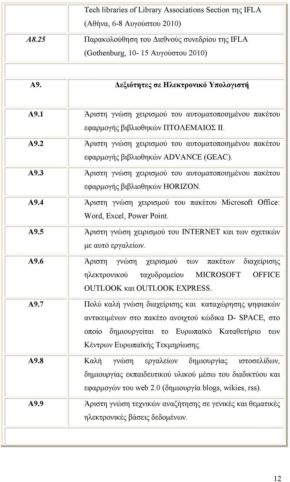 Α9.3 Άριστη γνώση χειρισμού του αυτοματοποιημένου πακέτου εφαρμογής βιβλιοθηκών HORIZON. Α9.4 Άριστη γνώση χειρισμού του πακέτου Microsoft Office: Word, Excel, Power Point. Α9.5 Άριστη γνώση χειρισμού του INTERNET και των σχετικών με αυτό εργαλείων.