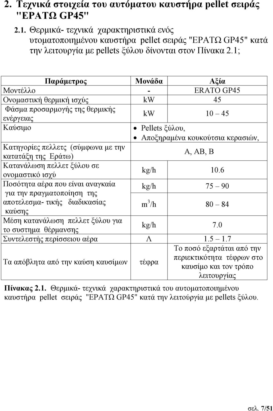 1; Παράμετρος Μονάδα Αξία Μοντέλλο - ERATO GP45 Ονομαστική θερμική ισχύς kw 45 Φάσμα προσαρμογής της θερμικής kw 10 45 ενέργειας Καύσιμο Pellets ξύλου, Αποξηραμένα κουκούτσια κερασιών, Κατηγορίες