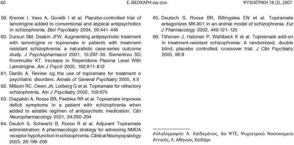 Augmenting antipsychotic treatment with lamotrigine or topiramate in patients with treatmentresistant schizophrenia: a naturalistic case-series outcome study. J Psychopharmacol 2001, 15:297 30.