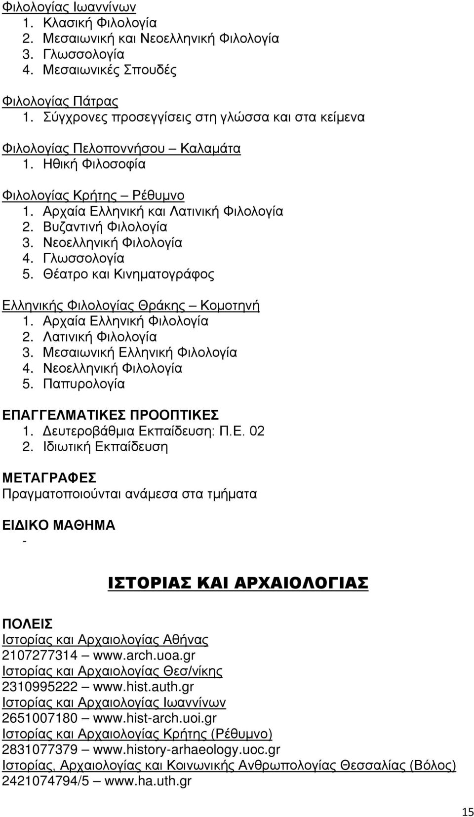 Νεοελληνική Φιλολογία 4. Γλωσσολογία 5. Θέατρο και Κινηματογράφος Ελληνικής Φιλολογίας Θράκης Κομοτηνή 1. Αρχαία Ελληνική Φιλολογία 2. Λατινική Φιλολογία 3. Μεσαιωνική Ελληνική Φιλολογία 4.