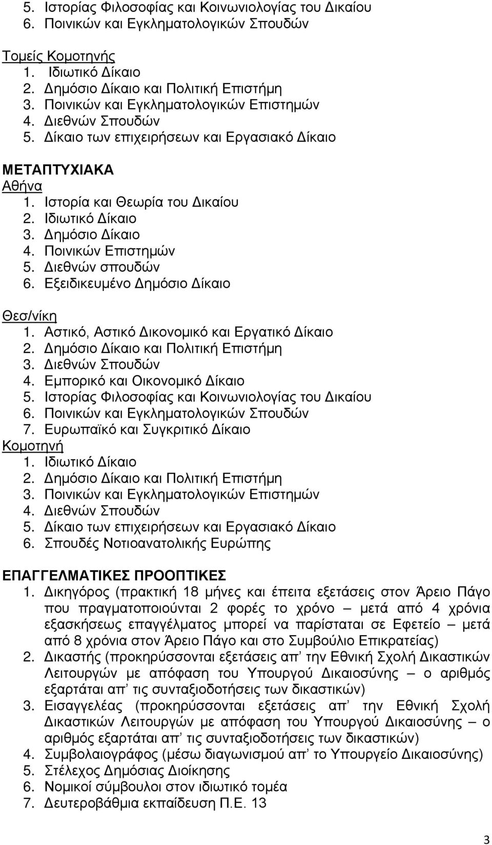 Ποινικών Επιστημών 5. Διεθνών σπουδών 6. Εξειδικευμένο Δημόσιο Δίκαιο Θεσ/νίκη 1. Αστικό, Αστικό Δικονομικό και Εργατικό Δίκαιο 2. Δημόσιο Δίκαιο και Πολιτική Επιστήμη 3. Διεθνών Σπουδών 4.