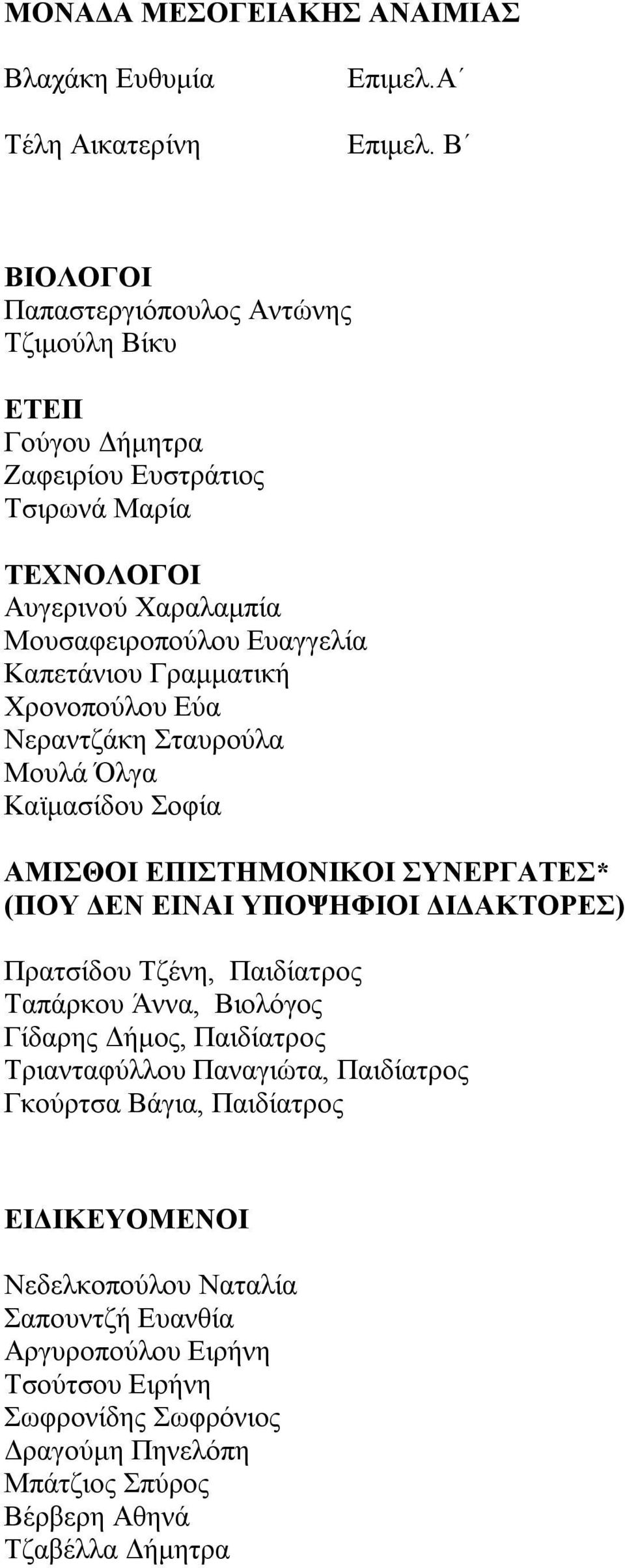 Γραμματική Χρονοπούλου Εύα Νεραντζάκη Σταυρούλα Μουλά Όλγα Καϊμασίδου Σοφία ΑΜΙΣΘΟΙ ΕΠΙΣΤΗΜΟΝΙΚΟΙ ΣΥΝΕΡΓΑΤΕΣ* (ΠΟΥ ΔΕΝ ΕΙΝΑΙ ΥΠΟΨΗΦΙΟΙ ΔΙΔΑΚΤΟΡΕΣ) Πρατσίδου Τζένη, Παιδίατρος