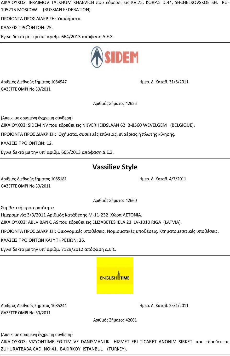 31/5/2011 GAZETTE OMPI Νο 30/2011 Αριθµός Σήµατος 42655 ΔΙΚΑΙΟΥΧΟΣ: SIDEM NV που εδρεύει εις NIJVERHEIDSLAAN 62 B-8560 WEVELGEM (BELGIQUE).