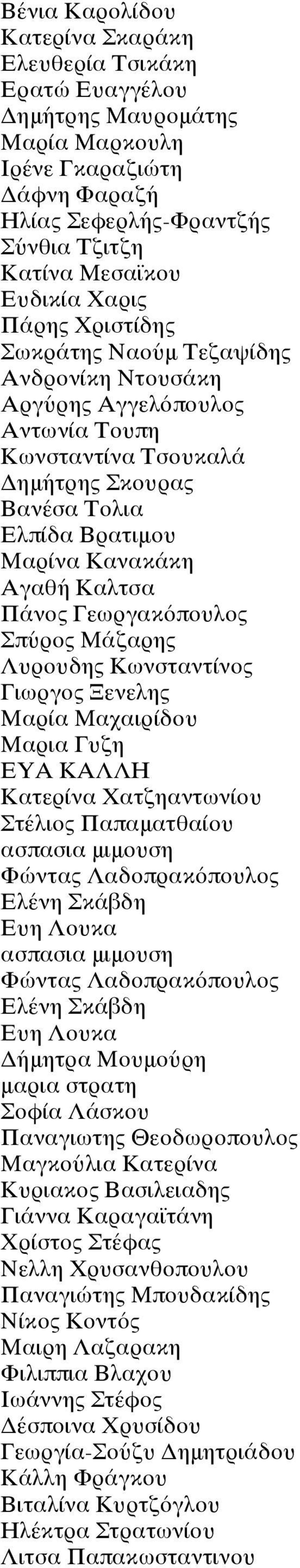 Γεωργακόπουλος Σπύρος Μάζαρης Λυρουδης Κωνσταντίνος Γιωργος Ξενελης Μαρία Μαχαιρίδου Μαρια Γυζη ΕΥΑ ΚΑΛΛΗ Κατερίνα Χατζηαντωνίου Στέλιος Παπαματθαίου ασπασια μιμουση Φώντας Λαδοπρακόπουλος Ελένη