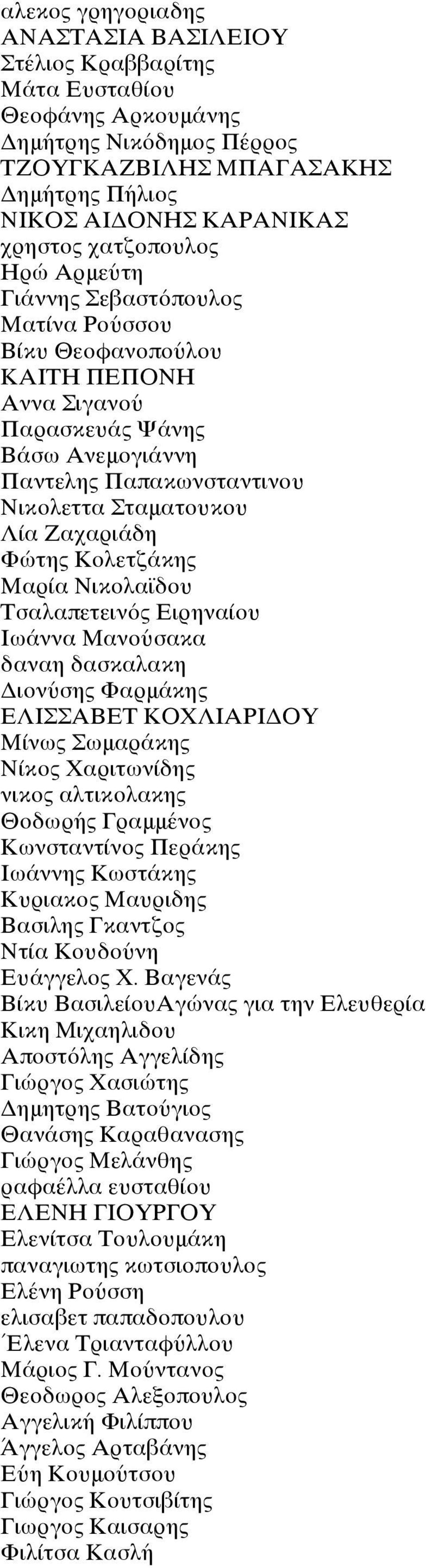 Ζαχαριάδη Φώτης Κολετζάκης Μαρία Νικολαϊδου Τσαλαπετεινός Ειρηναίου Ιωάννα Μανούσακα δαναη δασκαλακη Διονύσης Φαρμάκης ΕΛΙΣΣΑΒΕΤ ΚΟΧΛΙΑΡΙΔΟΥ Μίνως Σωμαράκης Νίκος Χαριτωνίδης νικος αλτικολακης