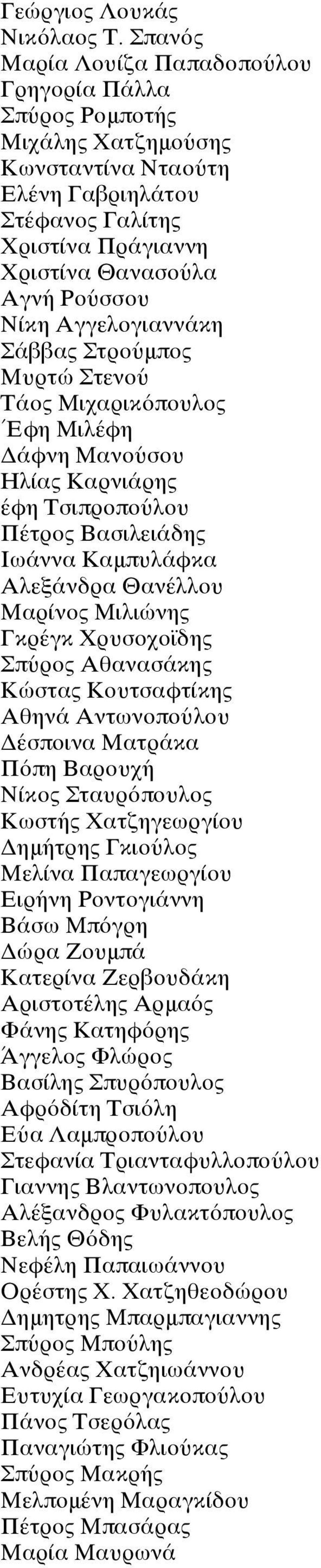 Αγγελογιαννάκη Σάββας Στρούμπος Μυρτώ Στενού Τάος Μιχαρικόπουλος ΈΈφη Μιλέφη Δάφνη Μανούσου Ηλίας Καρνιάρης έφη Τσιπροπούλου Πέτρος Βασιλειάδης Ιωάννα Καμπυλάφκα Αλεξάνδρα Θανέλλου Μαρίνος Μιλιώνης