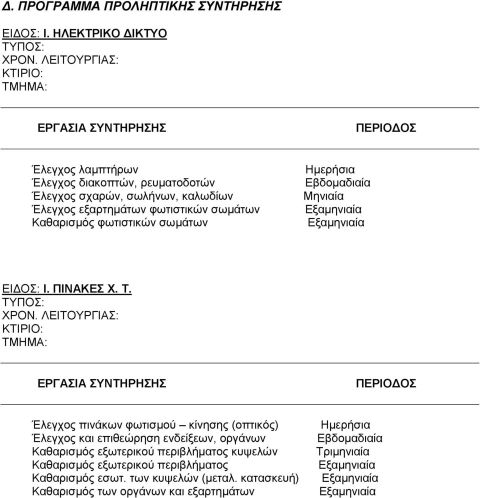 φωτιστικών σωµάτων Καθαρισµός φωτιστικών σωµάτων ΕΙ ΟΣ: I. ΠΙΝΑΚΕΣ Χ. Τ.