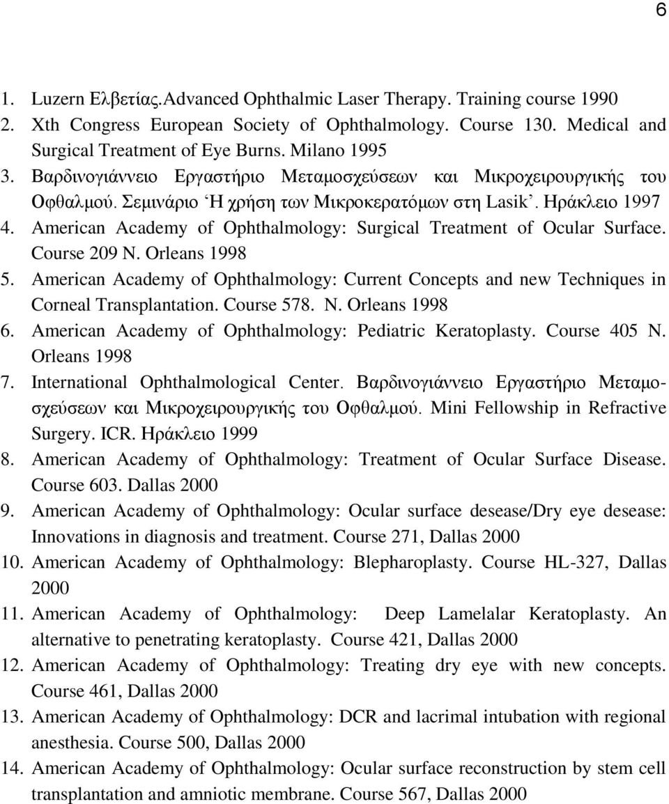 American Academy of Ophthalmology: Surgical Treatment of Ocular Surface. Course 209 N. Orleans 1998 5.