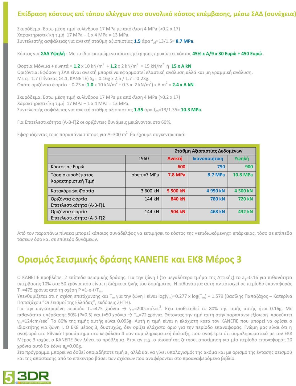 Κόστος για ΣΑΔ Υψηλή : Με το ίδιο εκτιμώμενο κόστος μέτρησης προκύπτει κόστος 45% x Α/9 x 30 Ευρώ + 450 Ευρώ. Φορτία Μόνιμα + κινητά = 1.2 x 10 kn/m 2 + 1.