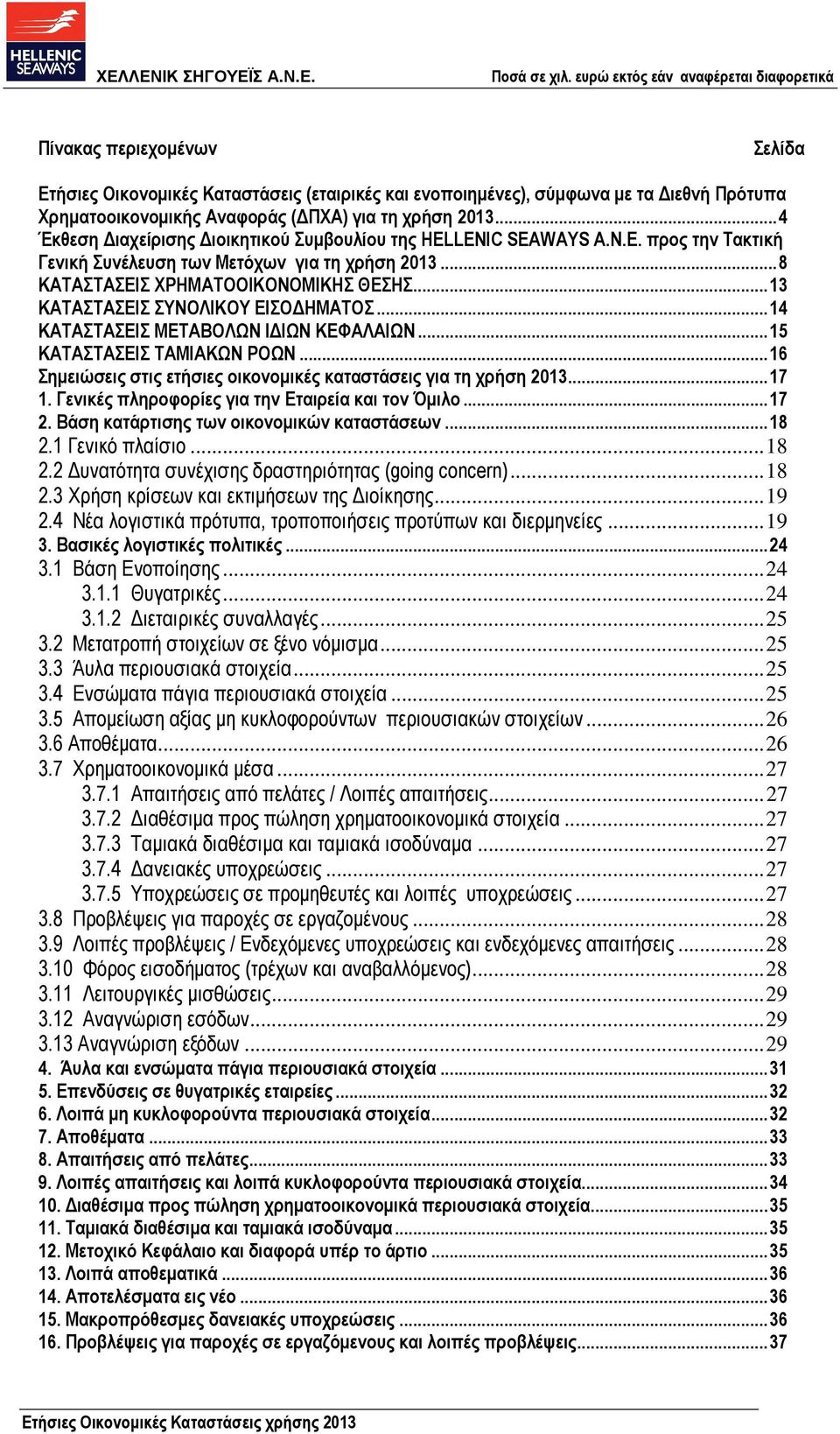 ..13 ΚΑΤΑΣΤΑΣΕΙΣ ΣΥΝΟΛΙΚΟΥ ΕΙΣΟ ΗΜΑΤΟΣ...14 ΚΑΤΑΣΤΑΣΕΙΣ ΜΕΤΑΒΟΛΩΝ Ι ΙΩΝ ΚΕΦΑΛΑΙΩΝ...15 ΚΑΤΑΣΤΑΣΕΙΣ ΤΑΜΙΑΚΩΝ ΡΟΩΝ...16 Σηµειώσεις στις ετήσιες οικονοµικές καταστάσεις για τη χρήση 2013...17 1.