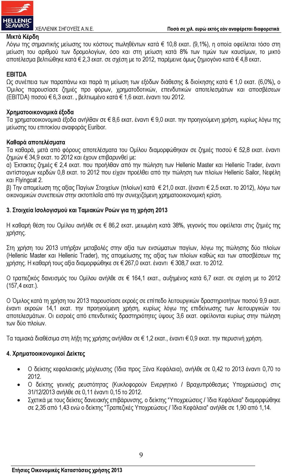 σε σχέση µε το 2012, παρέµεινε όµως ζηµιογόνο κατά 4,8 εκατ. EBITDA Ως συνέπεια των παραπάνω και παρά τη µείωση των εξόδων διάθεσης & διοίκησης κατά 1,0 εκατ.