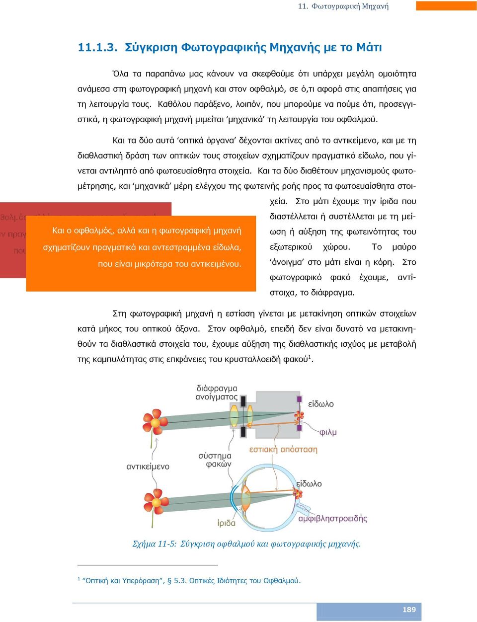 λειτουργία τους. Καθόλου παράξενο, λοιπόν, που μπορούμε να πούμε ότι, προσεγγιστικά, η φωτογραφική μηχανή μιμείται μηχανικά τη λειτουργία του οφθαλμού.