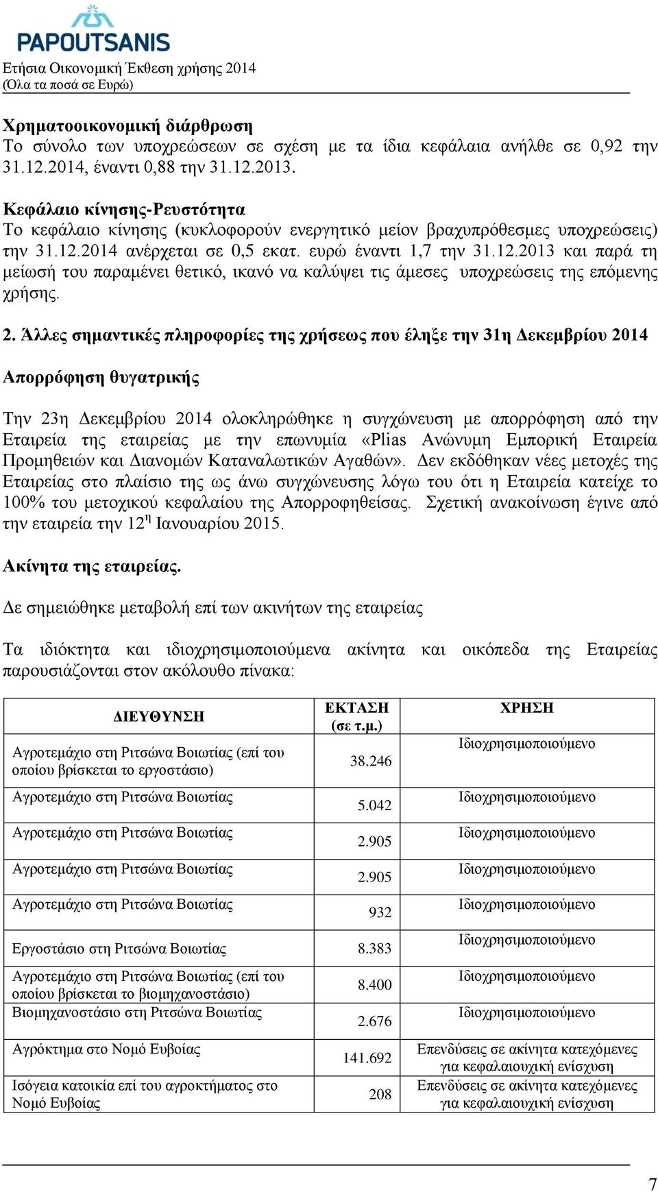 2014 ανέρχεται σε 0,5 εκατ. ευρώ έναντι 1,7 την 31.12.2013 και παρά τη μείωσή του παραμένει θετικό, ικανό να καλύψει τις άμεσες υποχρεώσεις της επόμενης χρήσης. 2.