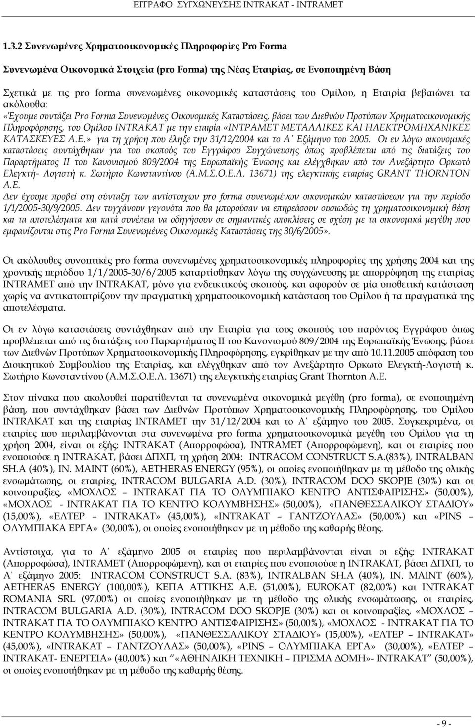 µε την εταιρία «INTΡΑΜΕΤ ΜΕΤΑΛΛΙΚΕΣ ΚΑΙ ΗΛΕΚΤΡΟΜΗΧΑΝΙΚΕΣ ΚΑΤΑΣΚΕΥΕΣ Α.Ε.» για τη χρήση που έληξε την 31/12/2004 και το Α Εξάµηνο του 2005.