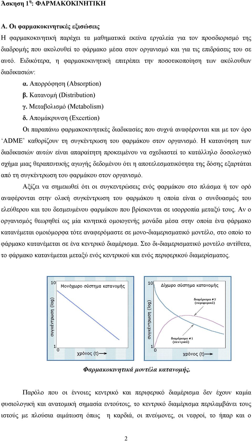 αυτό. Ειδικότερα, η φαρµακοκινητική επιτρέπει την ποσοτικοποίηση των ακόλουθων διαδικασιών: α. Απορρόφηση (Absorption) β. Κατανοµή (Distribution) γ. Μεταβολισµό (Metabolism) δ.