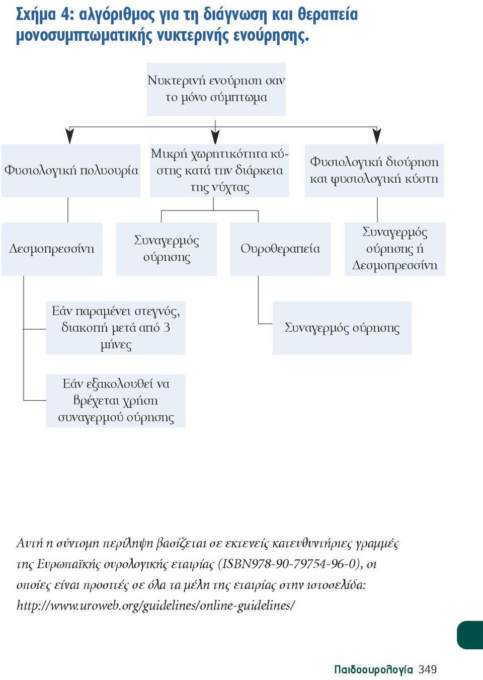 Συναγερμός ούρησης Ουροθεραπεία Συναγερμός ούρησης ή Δεσμοπρεσσίνη Εάν παραμένει στεγνός, διακοπή μετά από 3 μήνες Συναγερμός ούρησης Εάν εξακολουθεί να βρέχεται χρήση συναγερμού