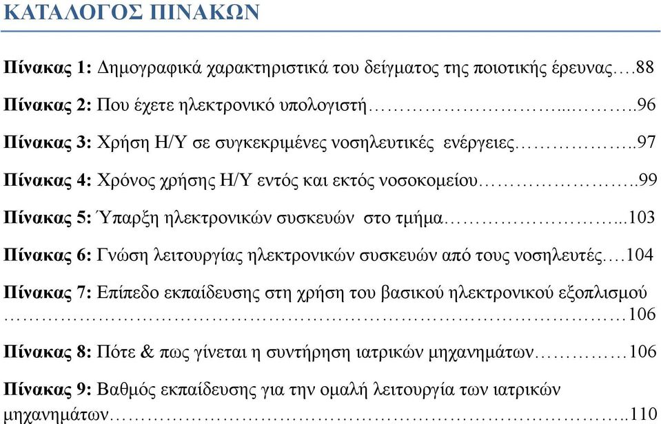 .99 Πίνακας 5: Ύπαρξη ηλεκτρονικών συσκευών στο τμήμα...103 Πίνακας 6: Γνώση λειτουργίας ηλεκτρονικών συσκευών από τους νοσηλευτές.