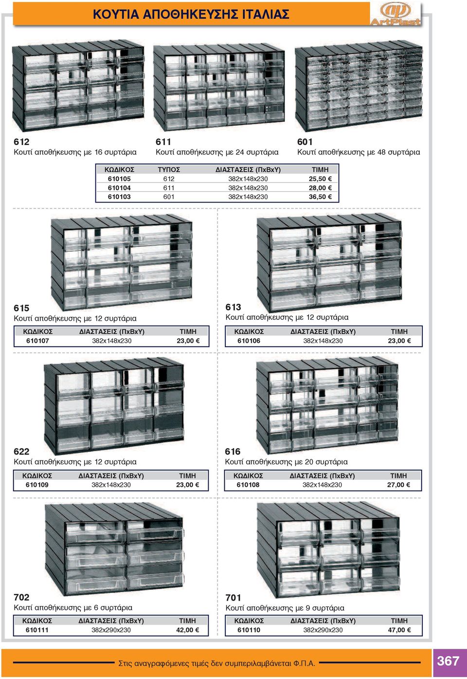 615 610107 382x148x230 23,00 613 610106 382x148x230 23,00 622 610109 382x148x230 23,00 616 Κουτί αποθήκευσης µε 20 συρτάρια 610108