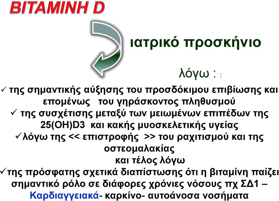 << επιστροφής >> του ραχιτισμού και της οστεομαλακίας και τέλος λόγω της πρόσφατης σχετικά διαπίστωσης ότι