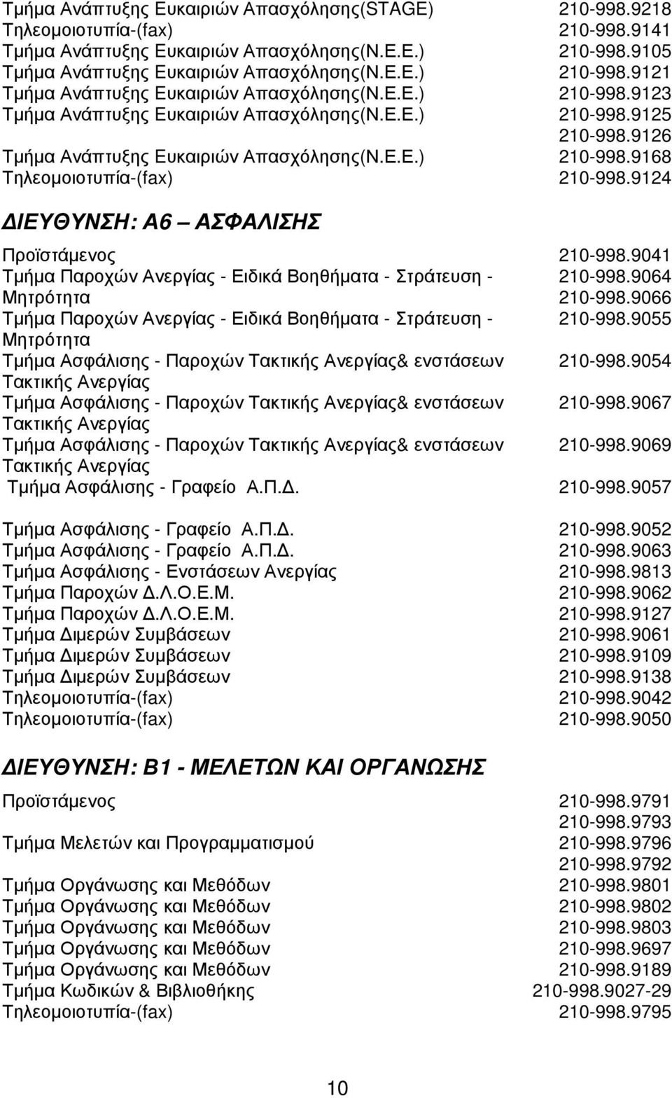 9124 ΙΕΥΘΥΝΣΗ: Α6 ΑΣΦΑΛΙΣΗΣ Προϊστάµενος 210-998.9041 Τµήµα Παροχών Ανεργίας - Ειδικά Βοηθήµατα - Στράτευση - 210-998.9064 Μητρότητα 210-998.