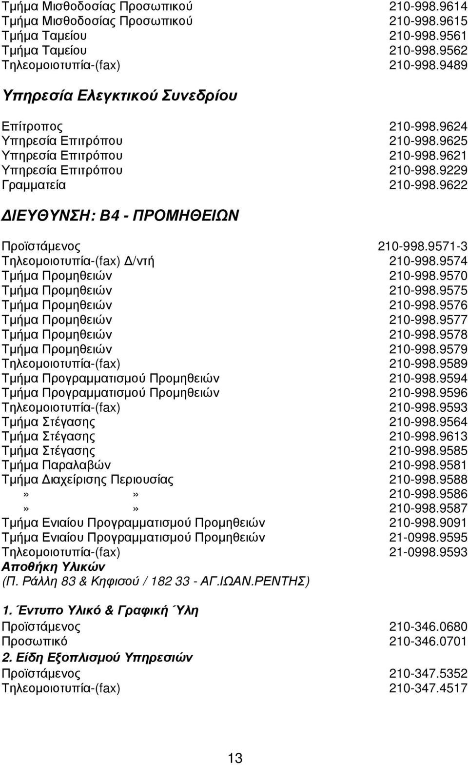 9622 ΙΕΥΘΥΝΣΗ: Β4 - ΠΡΟΜΗΘΕΙΩΝ Προϊστάµενος 210-998.9571-3 Τηλεοµοιοτυπία-(fax) /ντή 210-998.9574 Τµήµα Προµηθειών 210-998.9570 Τµήµα Προµηθειών 210-998.9575 Τµήµα Προµηθειών 210-998.