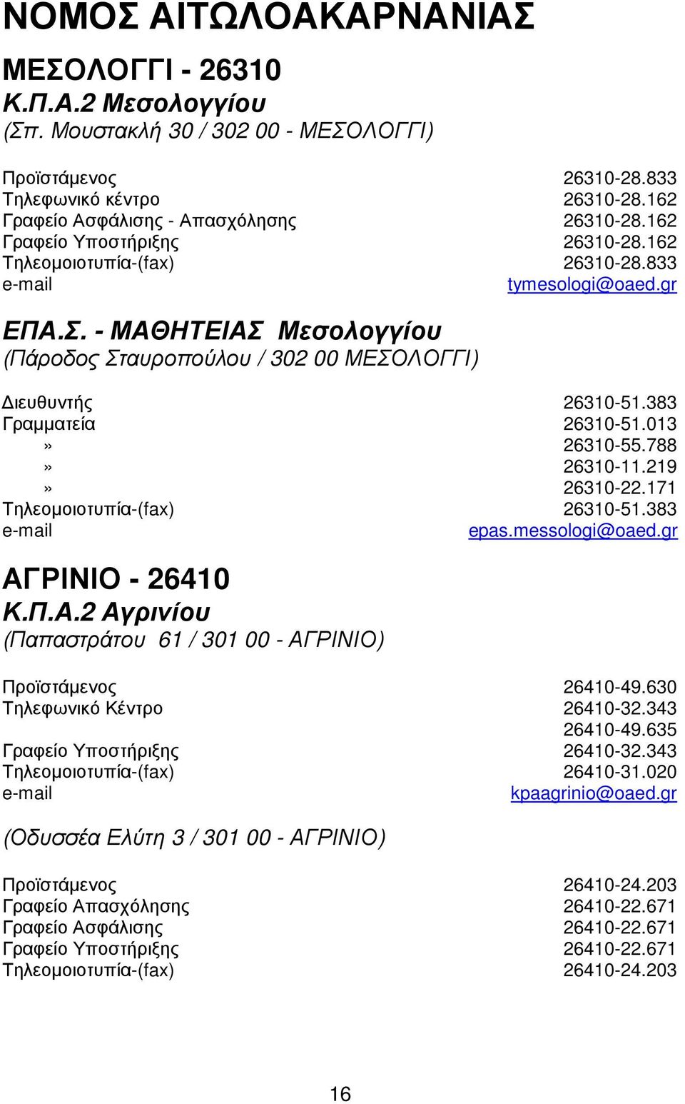 383 Γραµµατεία 26310-51.013 26310-55.788 26310-11.219 26310-22.171 Τηλεοµοιοτυπία-(fax) 26310-51.383 epas.messologi@oaed.gr ΑΓΡΙΝΙΟ - 26410 Κ.Π.Α.2 Αγρινίου (Παπαστράτου 61 / 301 00 - ΑΓΡΙΝΙΟ) Προϊστάµενος 26410-49.