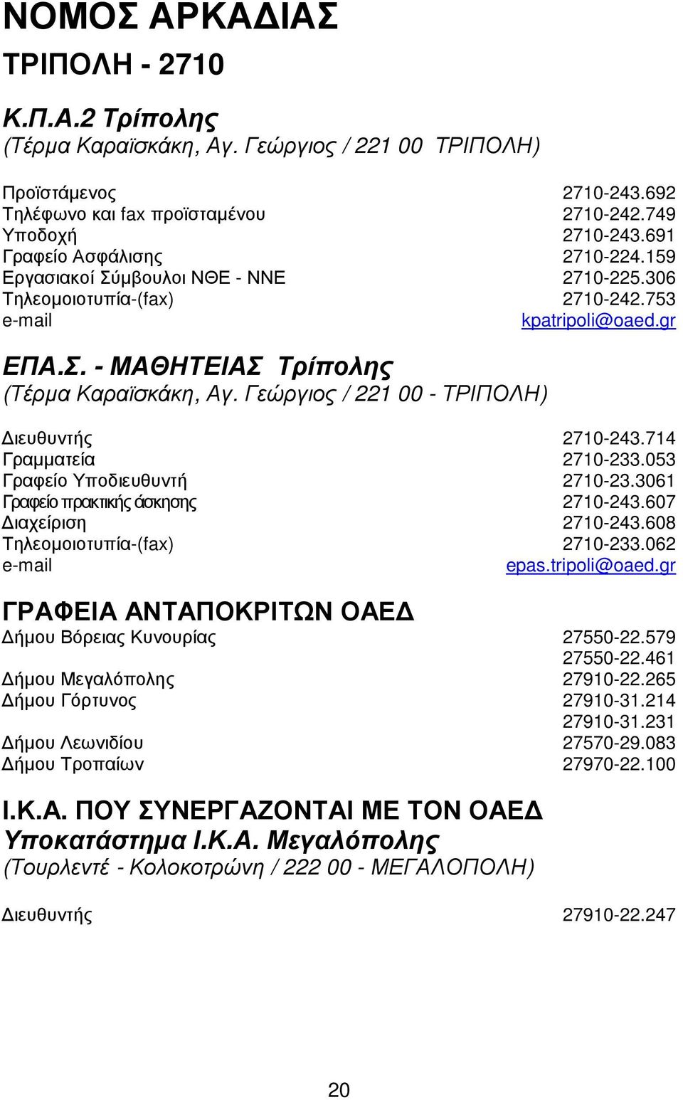 Γεώργιος / 221 00 - ΤΡΙΠΟΛΗ) ιευθυντής 2710-243.714 Γραµµατεία 2710-233.053 Γραφείο Υποδιευθυντή 2710-23.3061 Γραφείο πρακτικής άσκησης 2710-243.607 ιαχείριση 2710-243.