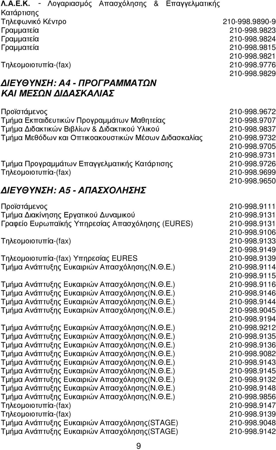 9707 Τµήµα ιδακτικών Βιβλίων & ιδακτικού Υλικού 210-998.9837 Τµήµα Μεθόδων και Οπτικοακουστικών Μέσων ιδασκαλίας 210-998.9732 210-998.9705 210-998.