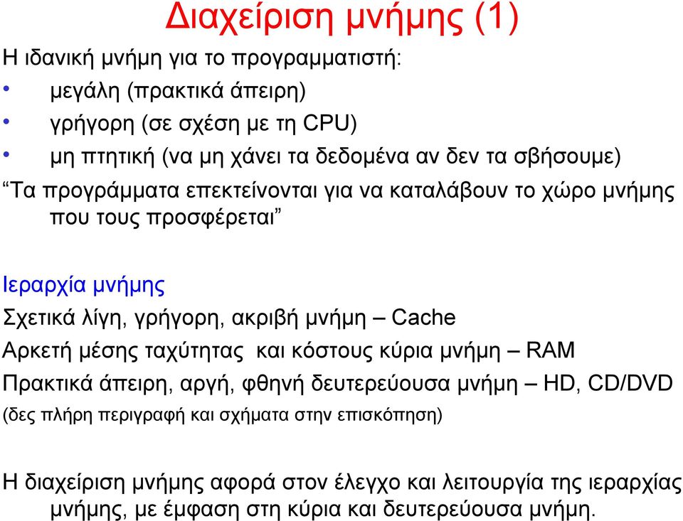 γρήγορη, ακριβή μνήμη Cache Αρκετή μέσης ταχύτητας και κόστους κύρια μνήμη RAM Πρακτικά άπειρη, αργή, φθηνή δευτερεύουσα μνήμη HD, CD/DVD (δες