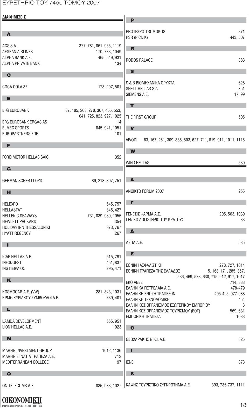 ERGASIAS 14 ELMEC SPORTS 845, 941, 1051 EUROPARTNERS ΕΠΕ 101 F FORD MOTOR HELLAS SAIC 352 G GERMANISCHER LLOYD 89, 213, 307, 751 H HELEXPO 645, 757 HELLASTAT 345, 427 HELLENIC SEAWAYS 731, 839, 939,