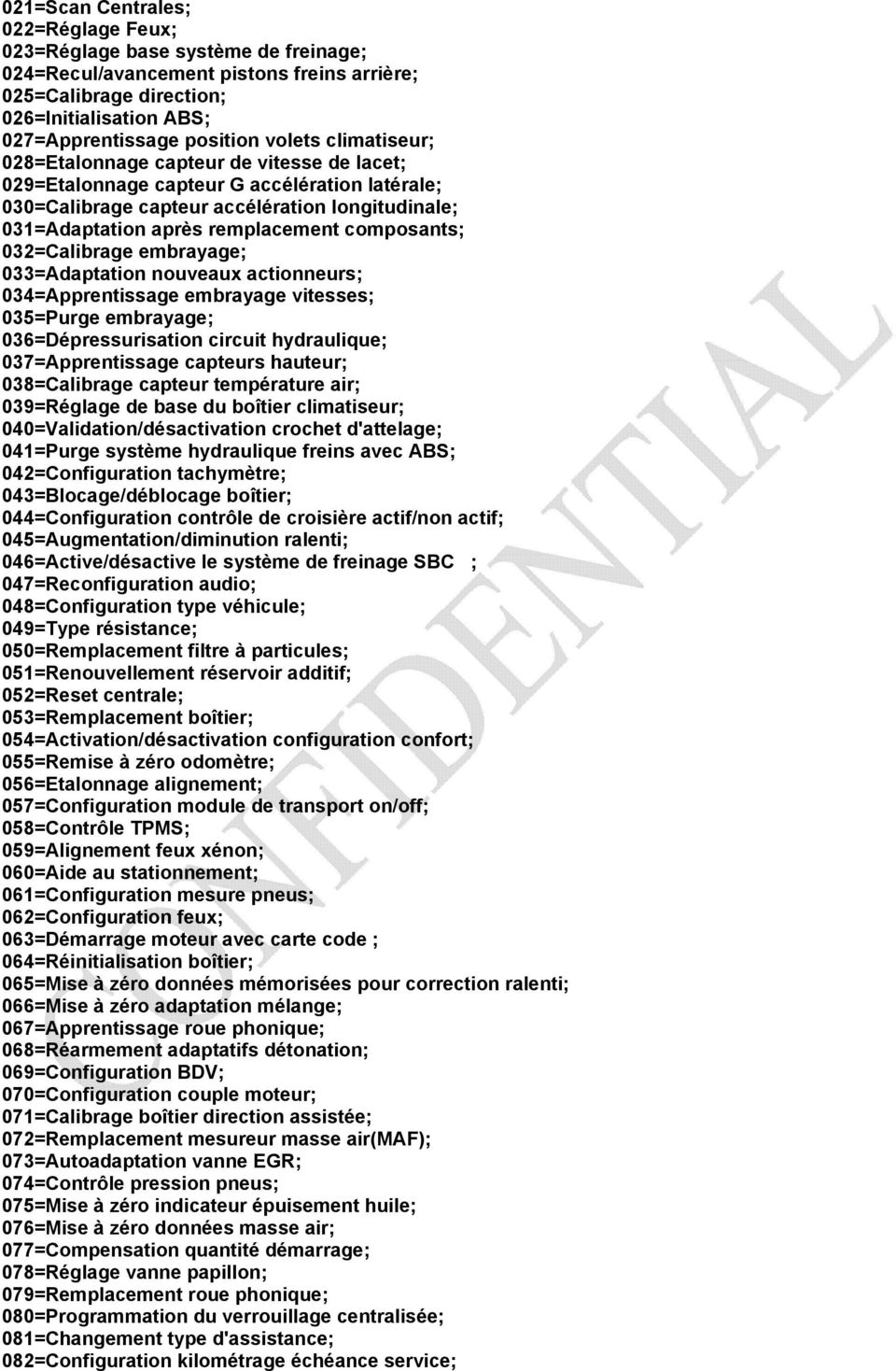 composants; 032=Calibrage embrayage; 033=Adaptation nouveaux actionneurs; 034=Apprentissage embrayage vitesses; 035=Purge embrayage; 036=Dépressurisation circuit hydraulique; 037=Apprentissage