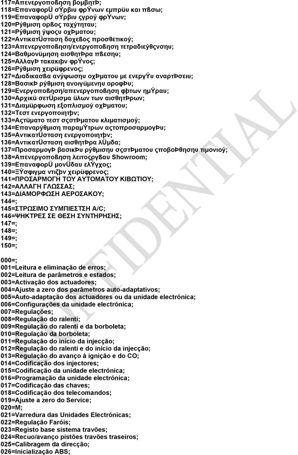 αναρτþσειυ; 128=ΒασικÞ ρýθμιση ανοιγüμενηυ οροφþυ; 129=Ενεργοποßηση/απενεργοποßηση φþτων ημýραυ; 130=Αρχικü σετüρισμα üλων των αισθητþρων; 131=Διαμüρφωση εξοπλισμοý οχþματου; 132=Τεστ ενεργοποιητþν;