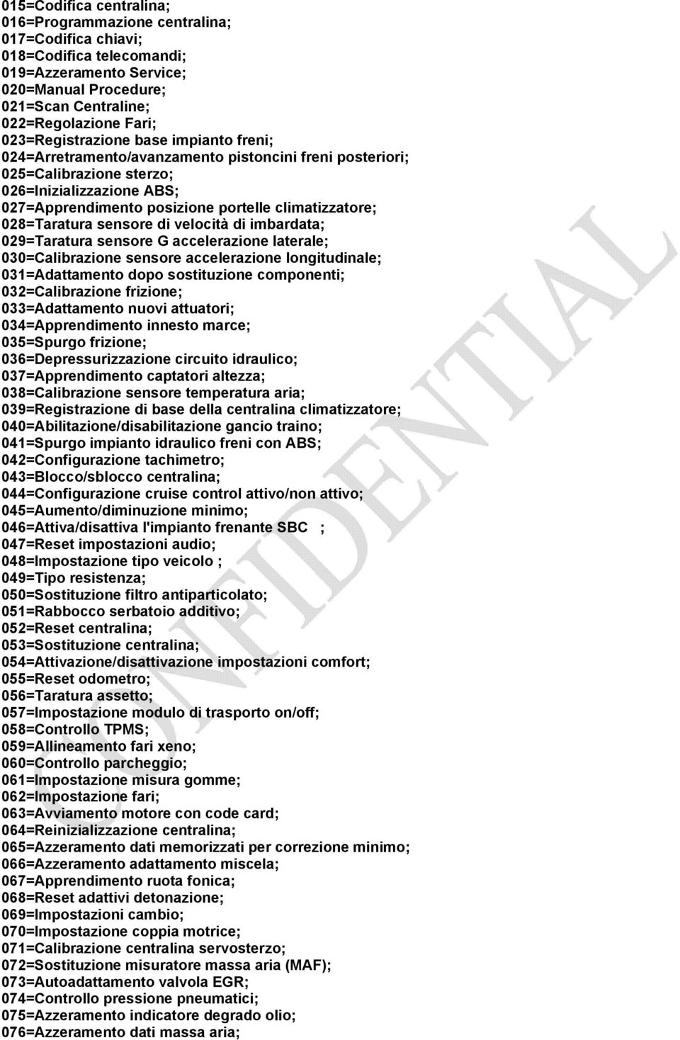 climatizzatore; 028=Taratura sensore di velocità di imbardata; 029=Taratura sensore G accelerazione laterale; 030=Calibrazione sensore accelerazione longitudinale; 031=Adattamento dopo sostituzione