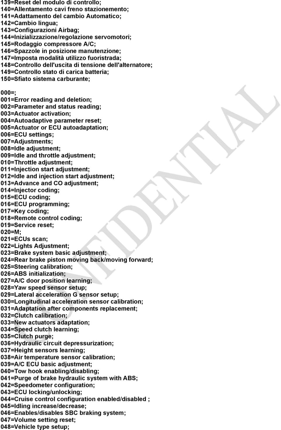 stato di carica batteria; 150=Sfiato sistema carburante; 000=; 001=Error reading and deletion; 002=Parameter and status reading; 003=Actuator activation; 004=Autoadaptive parameter reset;