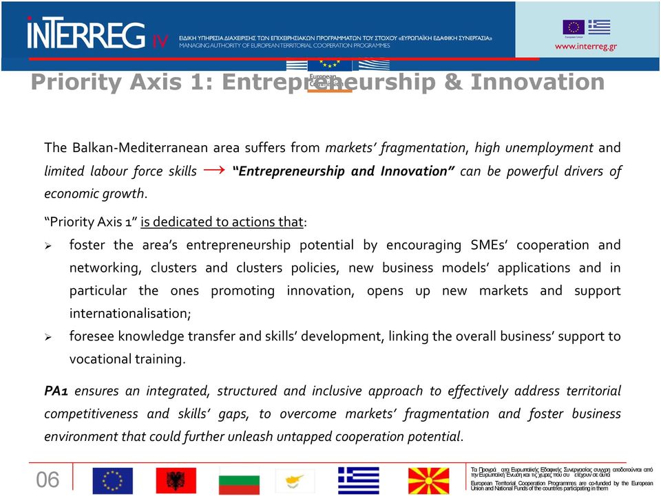 Priority Axis 1 is dedicated to actions that: foster the area s entrepreneurship potential by encouraging SMEs cooperation and networking, clusters and clusters policies, new business models
