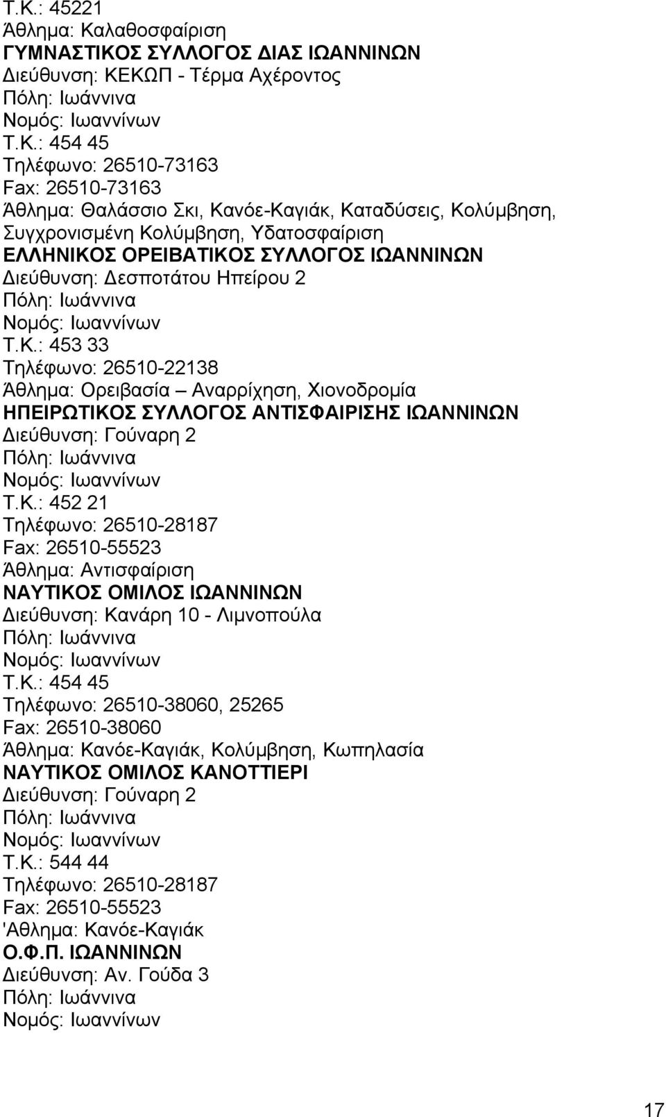 Κ.: 452 21 Τηλέφωνο: 26510-28187 Fax: 26510-55523 Άθλημα: Αντισφαίριση ΝΑΥΤΙΚΟΣ ΟΜΙΛΟΣ ΙΩΑΝΝΙΝΩΝ Διεύθυνση: Κανάρη 10 - Λιμνοπούλα Τ.Κ.: 454 45 Τηλέφωνο: 26510-38060, 25265 Fax: 26510-38060 Άθλημα: Κανόε-Καγιάκ, Κολύμβηση, Κωπηλασία ΝΑΥΤΙΚΟΣ ΟΜΙΛΟΣ ΚΑΝΟΤΤΙΕΡΙ Διεύθυνση: Γούναρη 2 Τ.