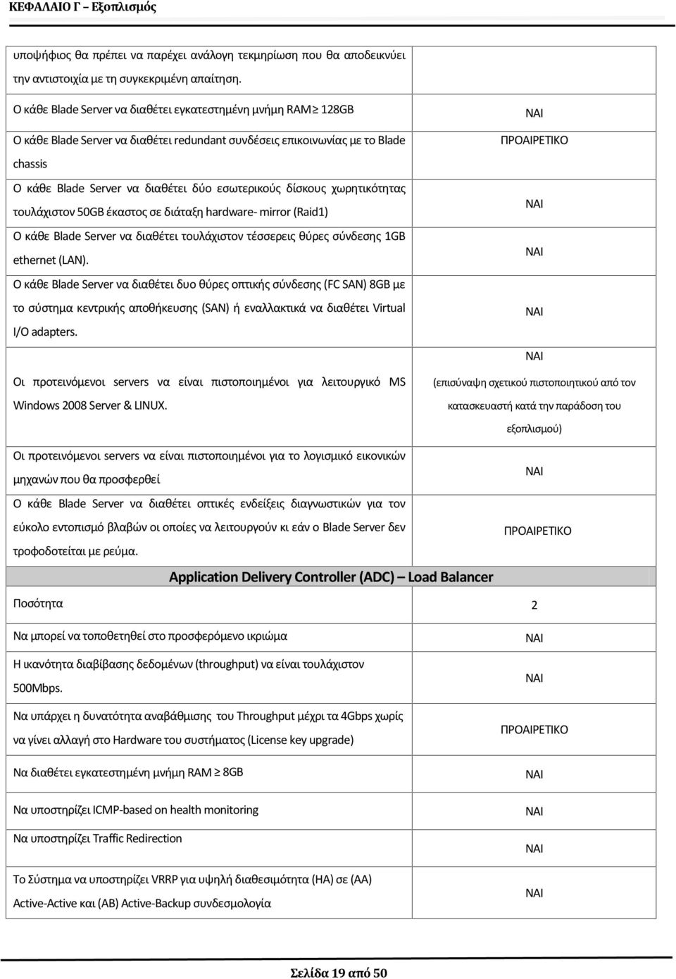 δίσκους χωρητικότητας τουλάχιστον 50GB έκαστος σε διάταξη hardware- mirror (Raid1) O κάθε Blade Server να διαθέτει τουλάχιστον τέσσερεις θύρες σύνδεσης 1GB ethernet (LAN).