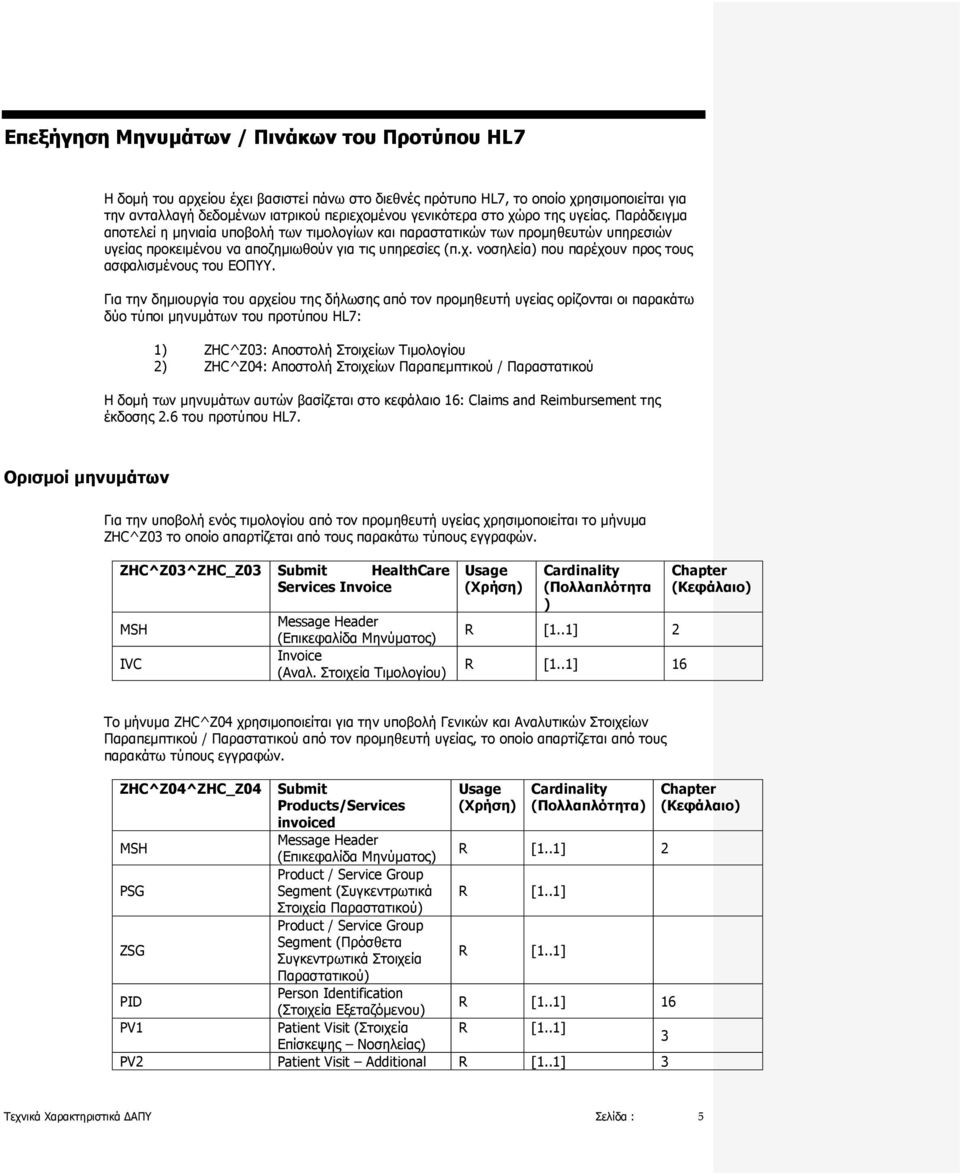 Για την δημιουργία του αρχείου της δήλωσης από τον προμηθευτή υγείας ορίζονται οι παρακάτω δύο τύποι μηνυμάτων του προτύπου HL7: 1) ZHC^Z03: Αποστολή Στοιχείων Τιμολογίου 2) ZHC^Z04: Αποστολή