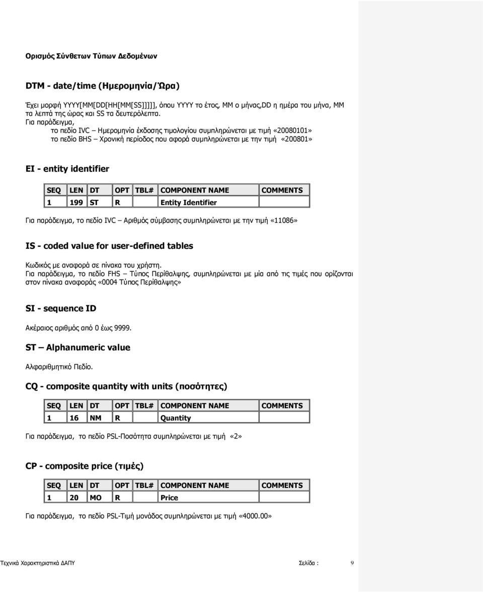 DT OPT TBL# COMPONENT NAME COMMENTS 1 199 ST R Entity Identifier Για παράδειγμα, το πεδίο IVC Αριθμός σύμβασης συμπληρώνεται με την τιμή «11086» IS - coded value for user-defined tables Κωδικός με