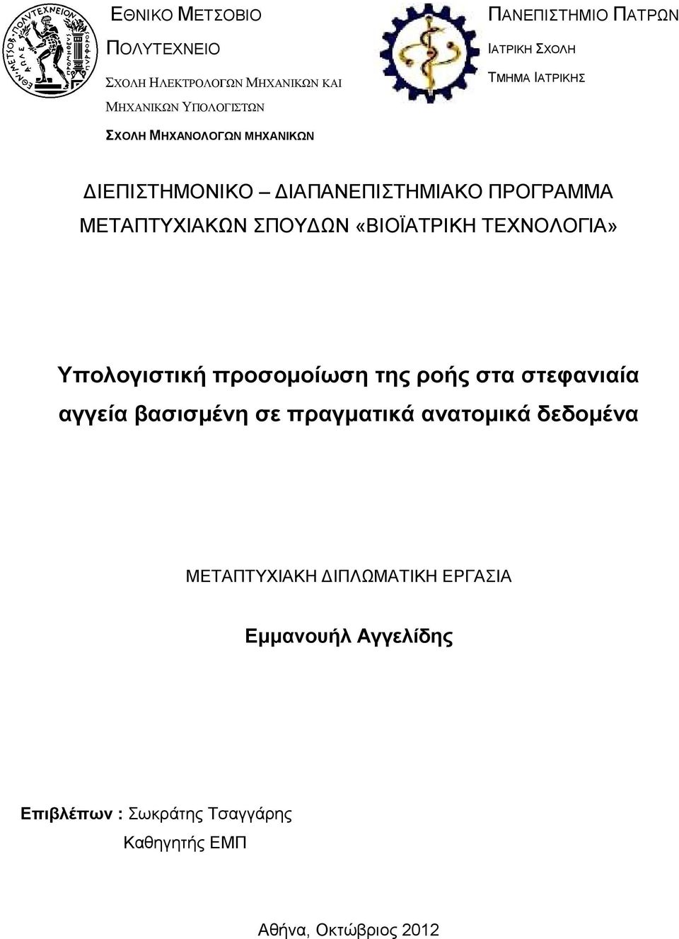 «ΒΙΟΪΑΤΡΙΚΗ ΤΕΧΝΟΛΟΓΙΑ» Υπολογιστική προσοµοίωση της ροής στα στεφανιαία αγγεία βασισµένη σε πραγµατικά ανατοµικά