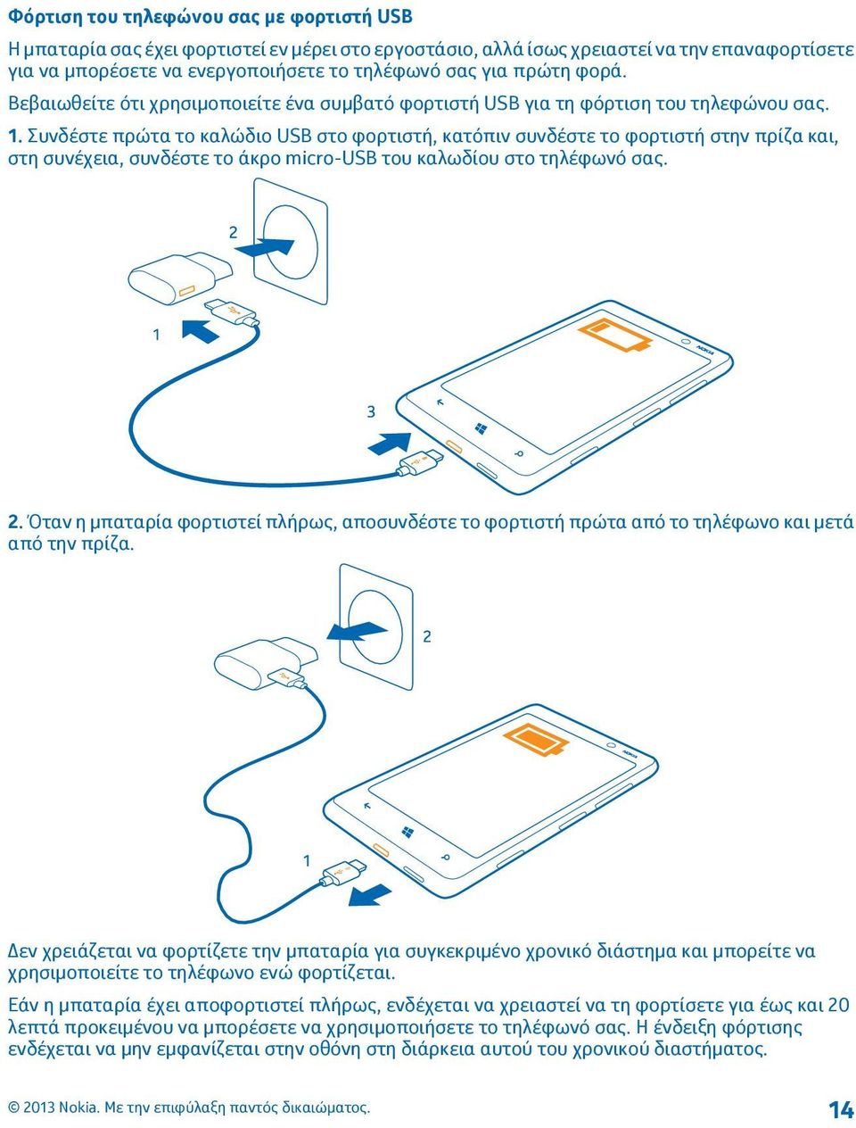 Συνδέστε πρώτα το καλώδιο USB στο φορτιστή, κατόπιν συνδέστε το φορτιστή στην πρίζα και, στη συνέχεια, συνδέστε το άκρο micro-usb του καλωδίου στο τηλέφωνό σας. 2.