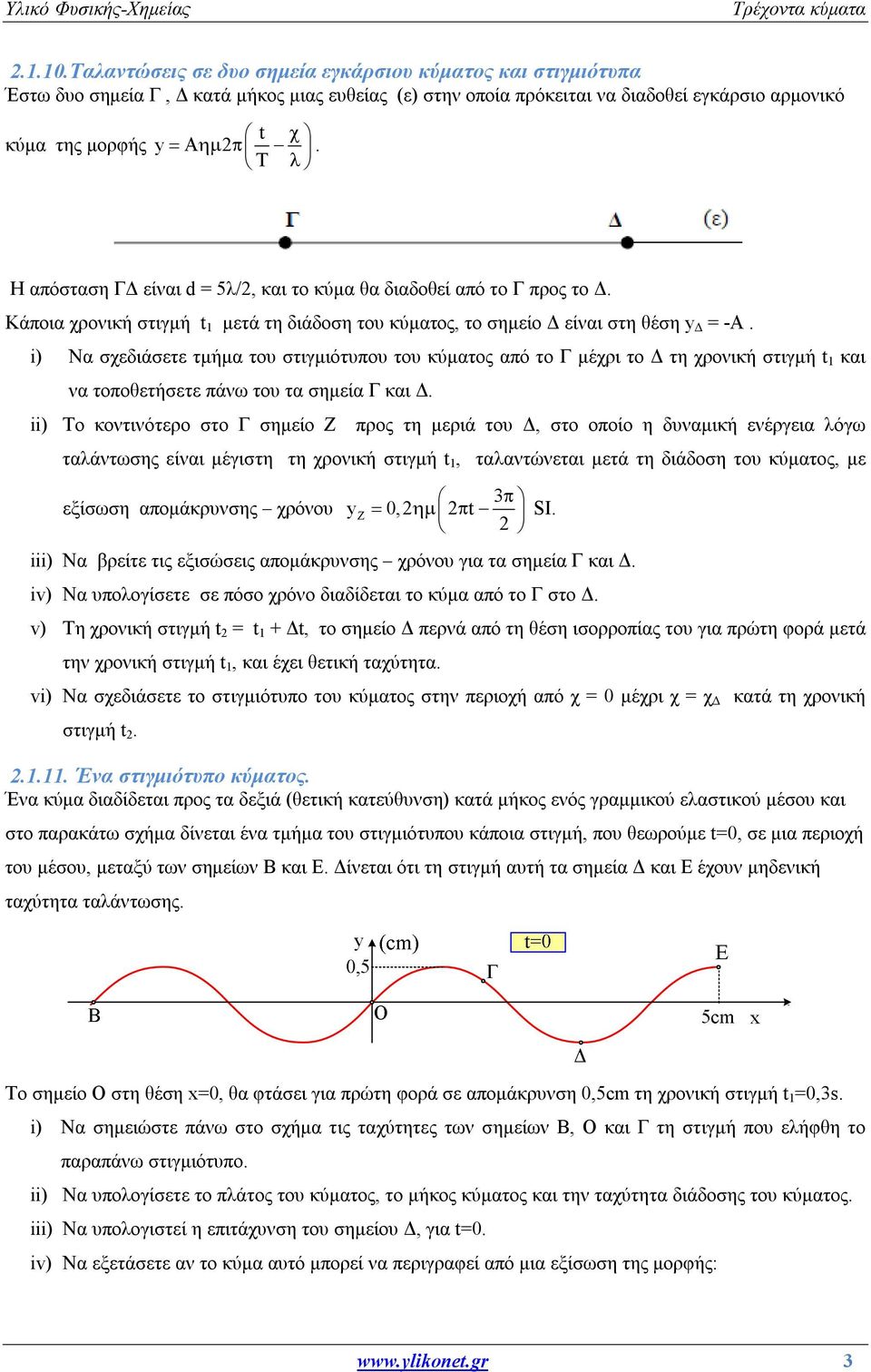i) Να σχεδιάσετε τμήμα του στιγμιότυπου του κύματος από το Γ μέχρι το Δ τη χρονική στιγμή t 1 και να τοποθετήσετε πάνω του τα σημεία Γ και Δ.
