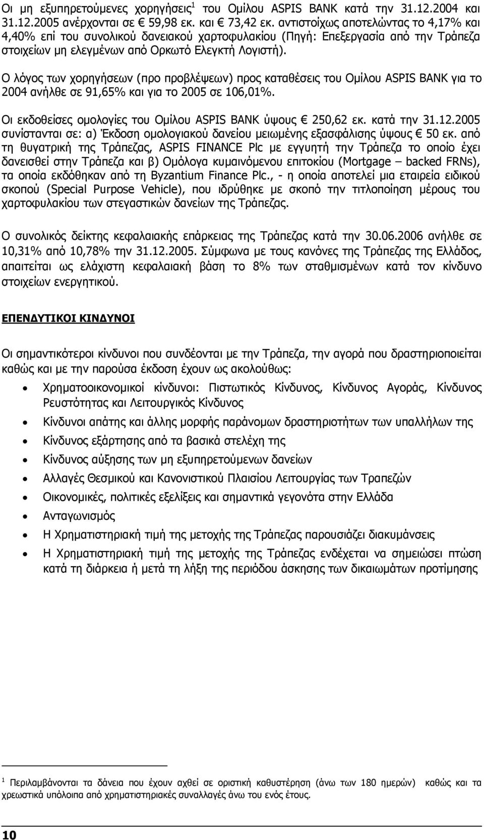 Ο λόγος των χορηγήσεων (προ προβλέψεων) προς καταθέσεις του Οµίλου ASPIS BANK για το 2004 ανήλθε σε 91,65% και για το 2005 σε 106,01%. Οι εκδοθείσες οµολογίες του Οµίλου ASPIS BANK ύψους 250,62 εκ.