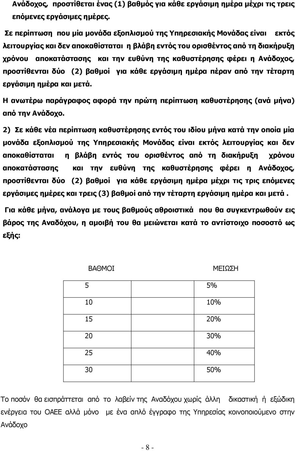 καθυστέρησης φέρει η Ανάδοχος, προστίθενται δύο (2) βαθμοί για κάθε εργάσιμη ημέρα πέραν από την τέταρτη εργάσιμη ημέρα και μετά.