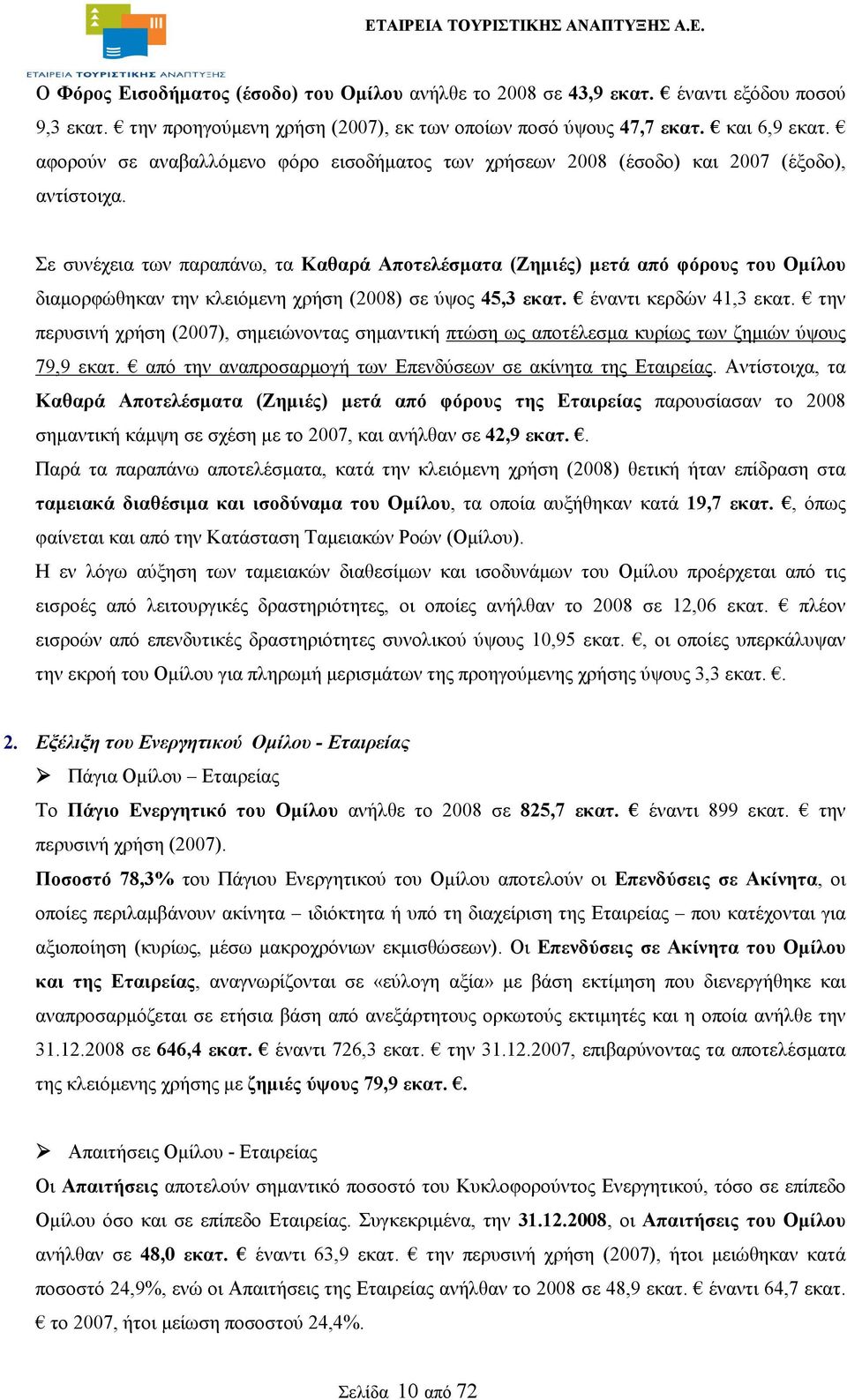 Σε συνέχεια των παραπάνω, τα Καθαρά Αποτελέσματα (Ζημιές) μετά από φόρους του Ομίλου διαμορφώθηκαν την κλειόμενη χρήση (2008) σε ύψος 45,3 εκατ. έναντι κερδών 41,3 εκατ.